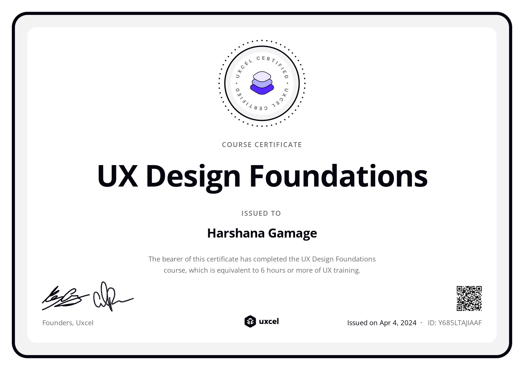 Harshana Gamage's certificate